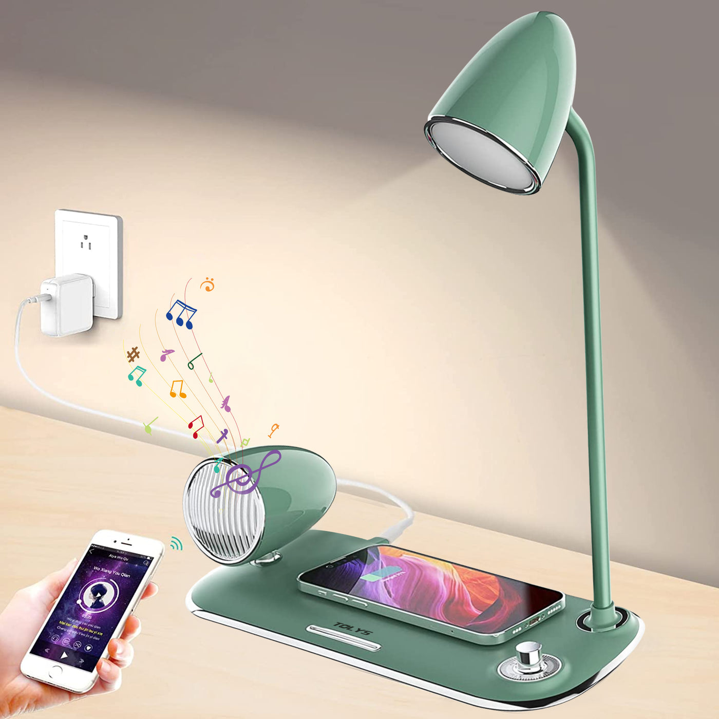 TOLYS LED Desk Lamps for Home Office, Wireless Charger Small Desk Lamp with Bluetooth Speaker Desk Lamp, Reading Night Light Side Table Lamp for College Dorm Room,Bedroom Green